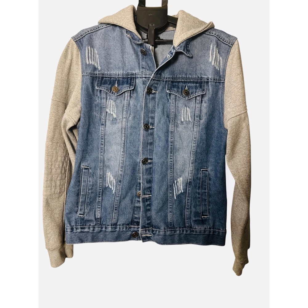 Rebel Star Y2K Distressed Denim Hoodie Jacket Size XL Skater Grunge Streetwear